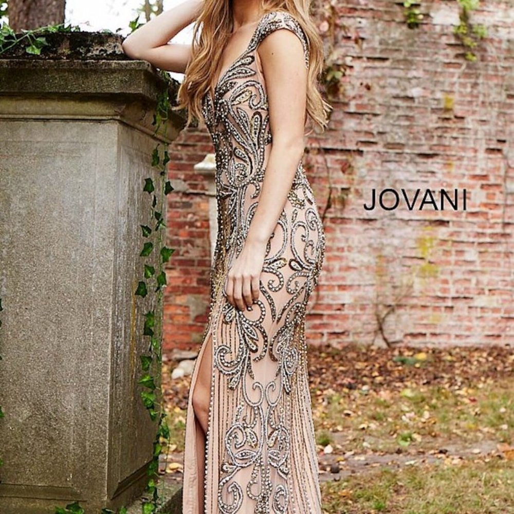 Jovani Couture Heavily Beaded Nude Dress